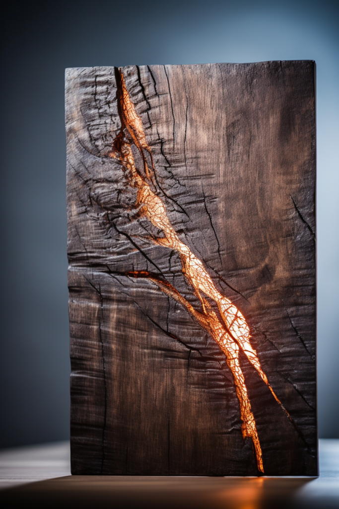 A Large piece of Wood Wall Art with a light shining through it.