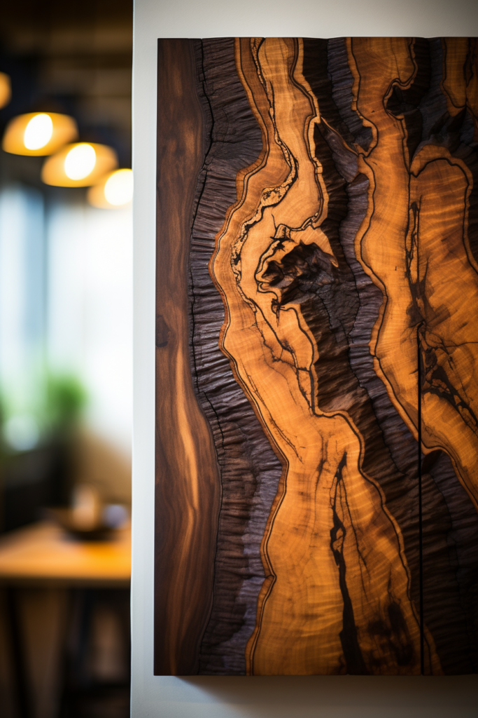 A Large Wood Wall Art piece hanging on a wall.