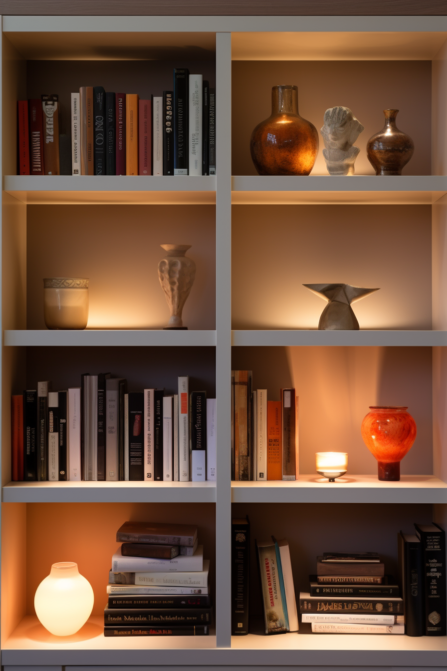 A cozy shelf with books and vases.