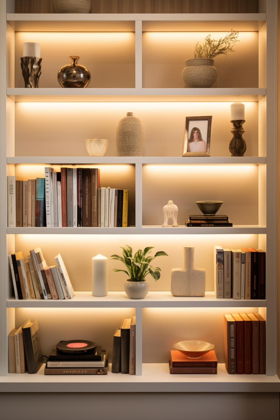 A cozy shelf with minimalistic books and vases.