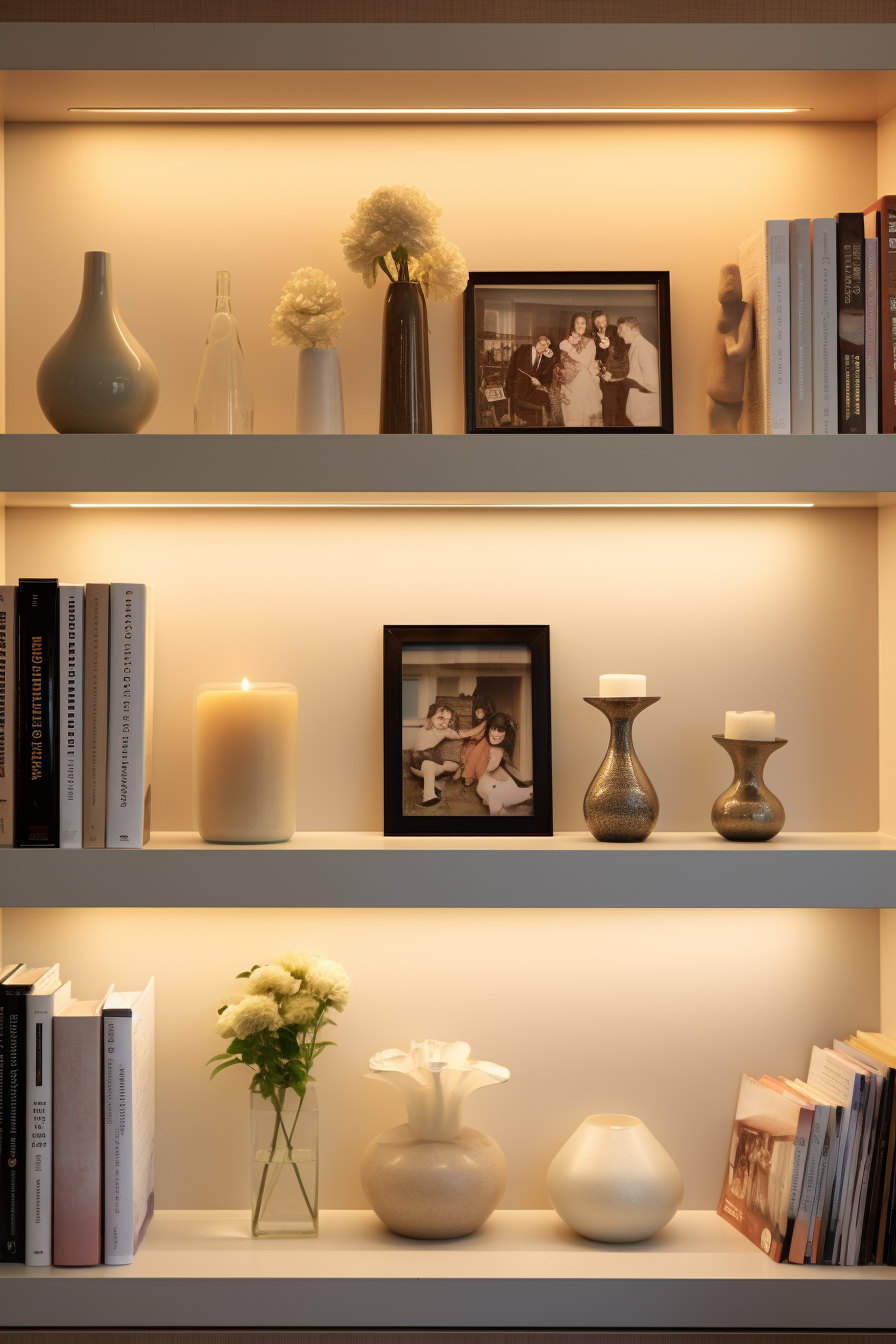 A cozy shelf with books and pictures on it, bathed in warm lighting.