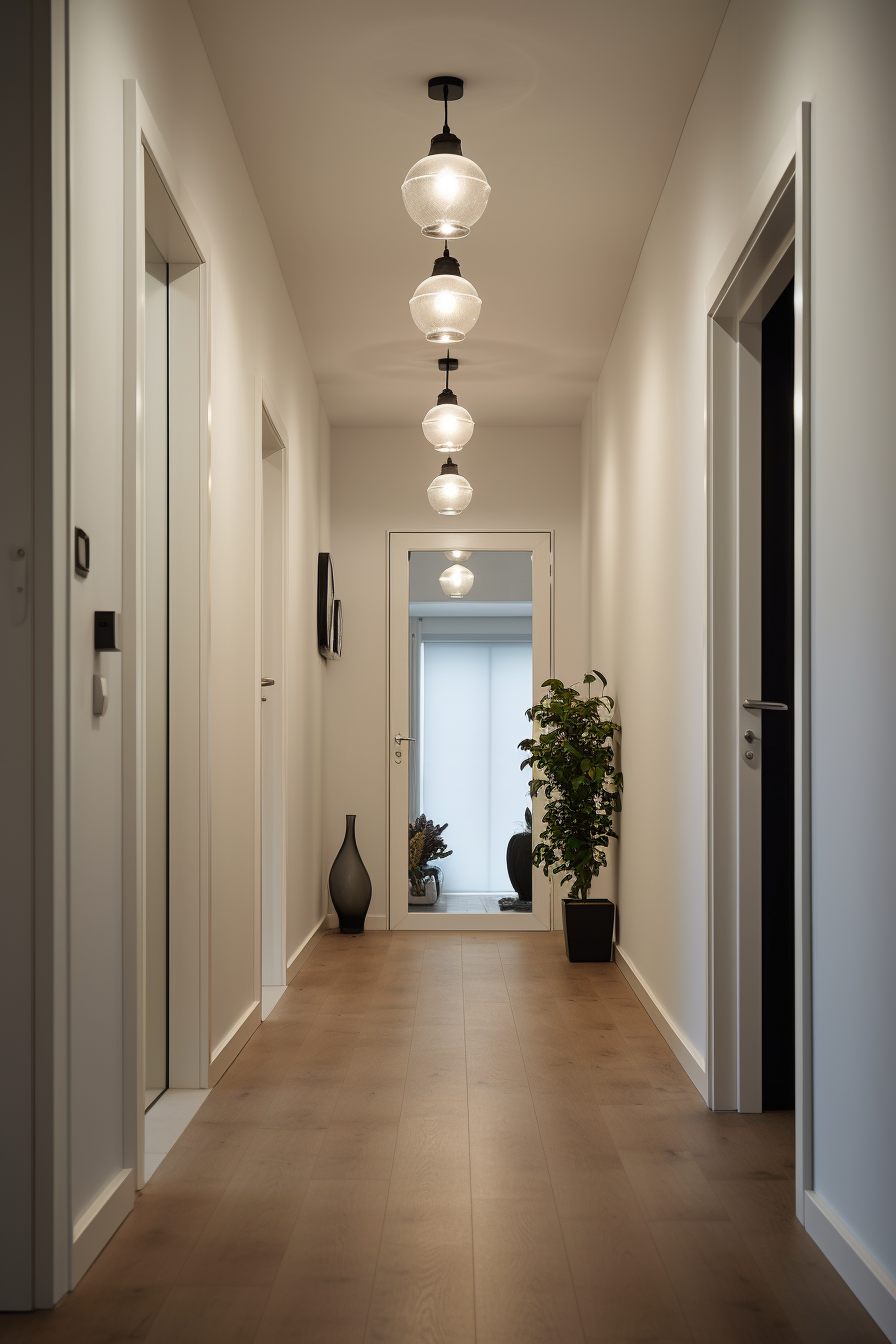 A cozy hallway with minimalist lighting and a plant.