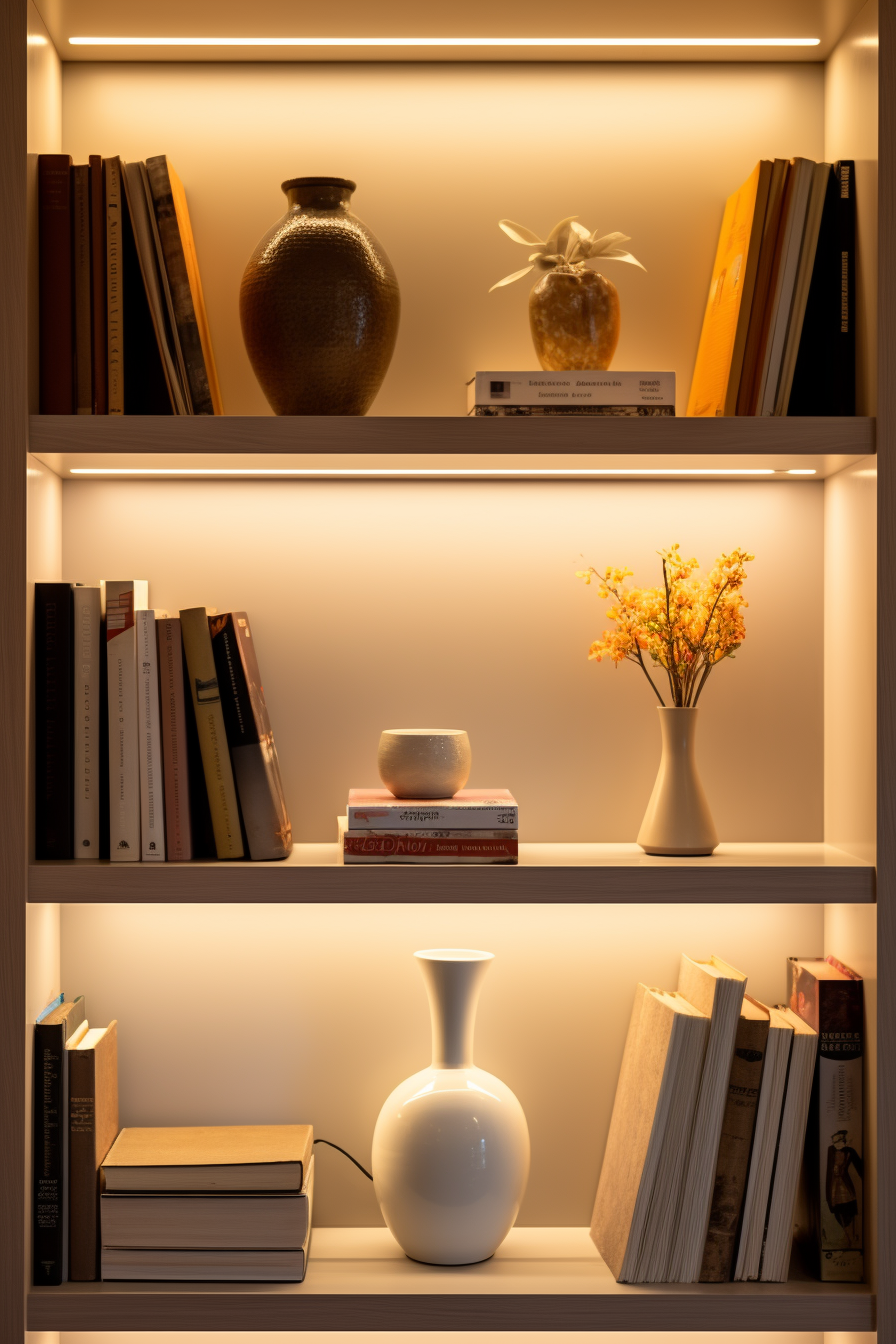A cozy shelf adorned with books and vases, featuring minimalist design elements for a warm and inviting ambiance.