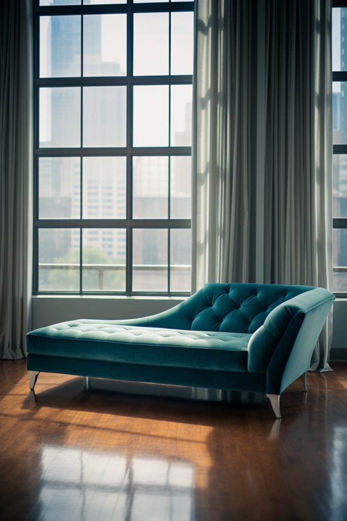 A cozy blue chaise lounge adding a touch of color to a designing living room with a window.