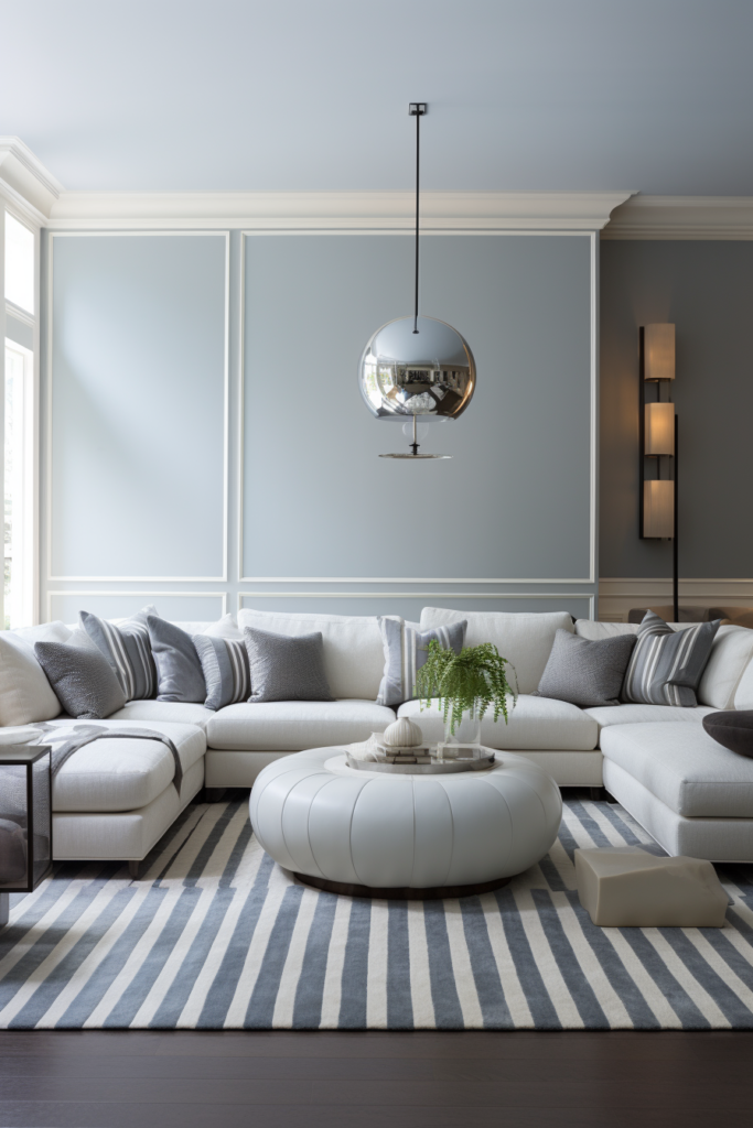 Designing a cozy living room with blue walls and white furniture, including sectionals for added comfort.