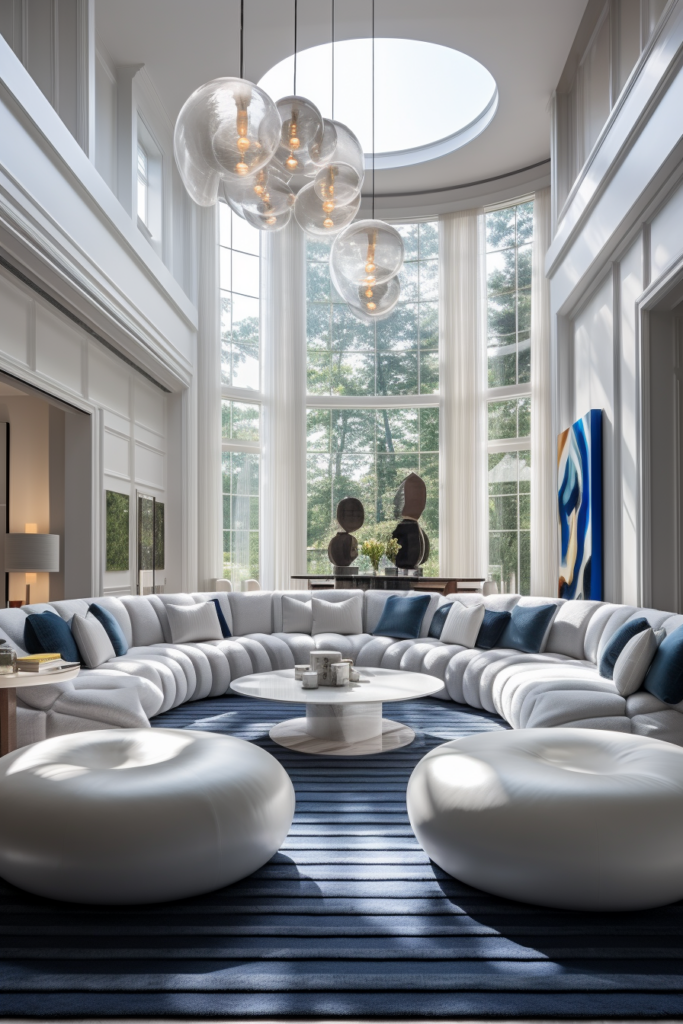 A cozy living room with white couches and blue ottomans.