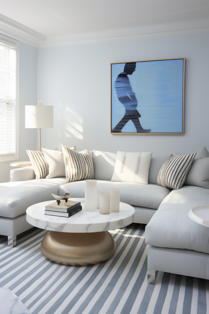 Designing a cozy living room with a blue and white striped rug.