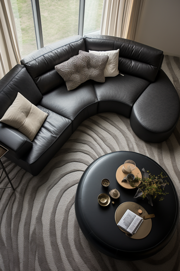 A design-forward living room with a black leather sofa and coffee table.