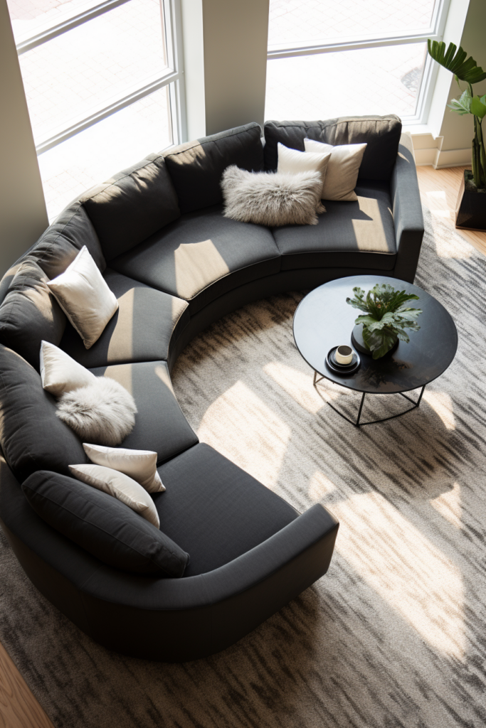 A cozy living room with a circular couch, perfect for designing.
