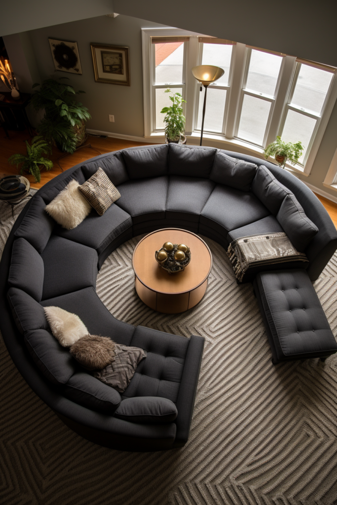 A cozy living room with a circular sectional couch and a coffee table.