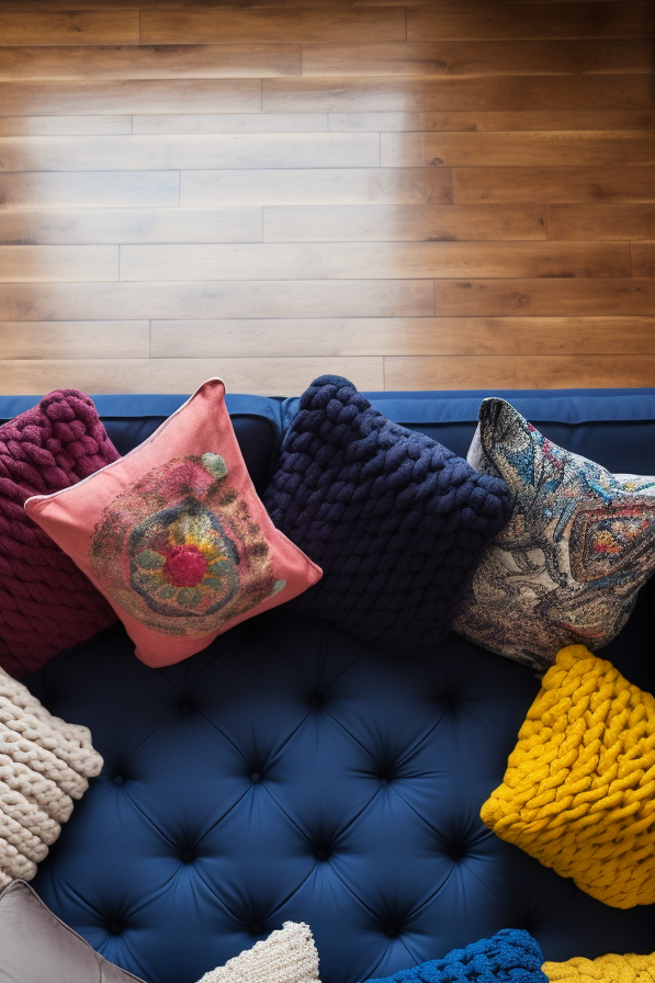 Designing a cozy living room with a blue couch and colorful pillows arranged in a circle.