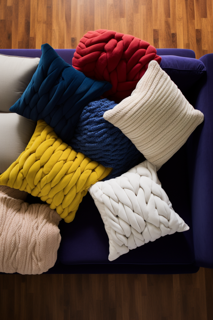 A cozy living room with a colorful group of pillows on a sofa.