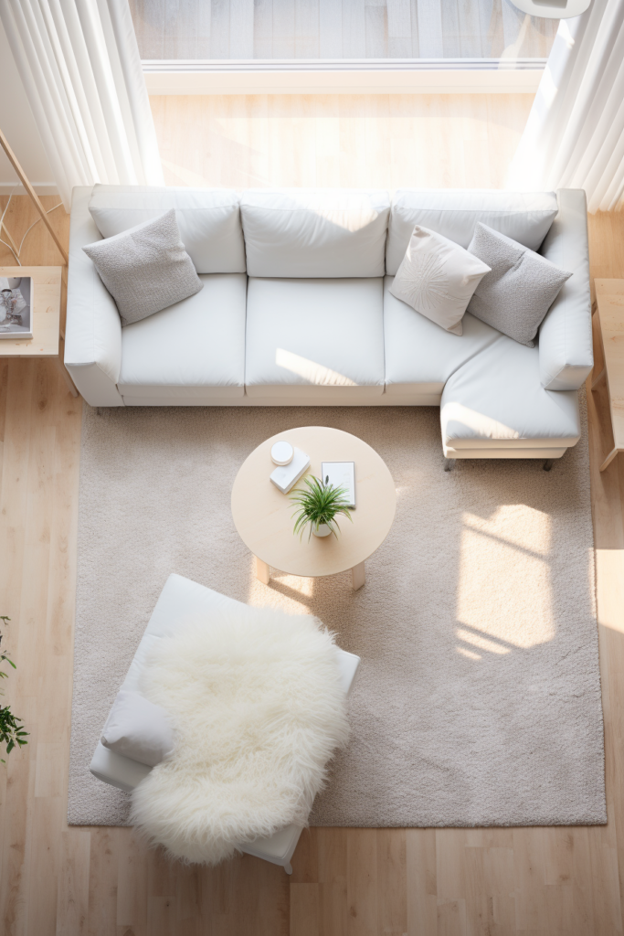 A cozy living room with a white couch and a coffee table, perfect for designing.