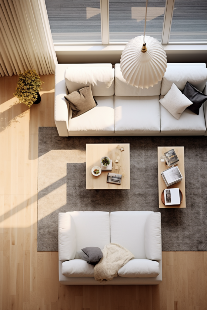 A cozy living room with white couches and a coffee table, perfect for designing your space.