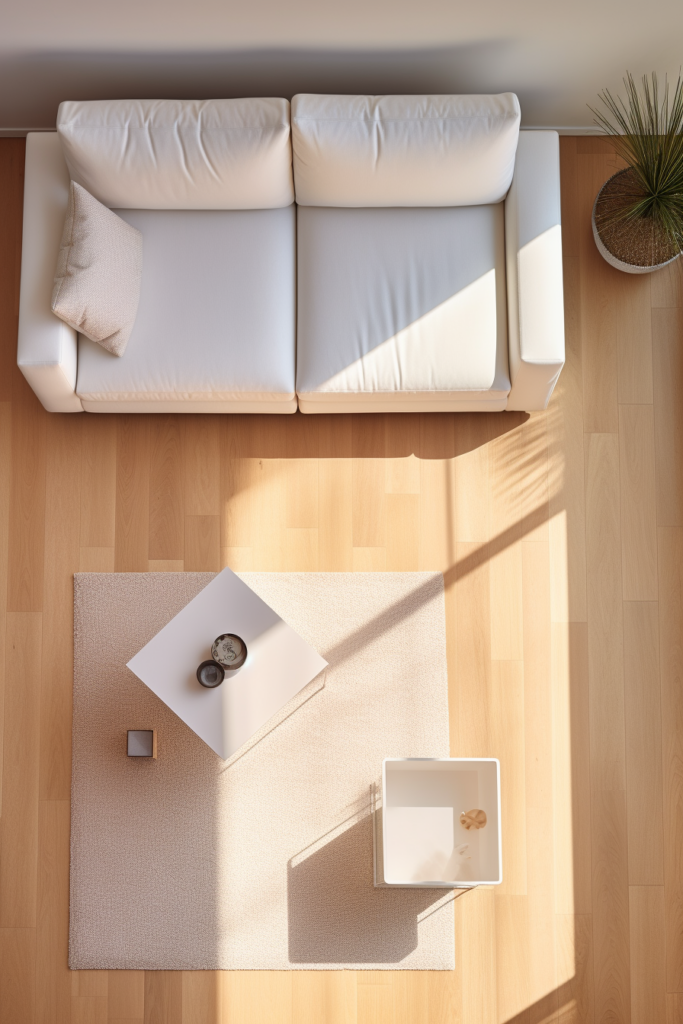 A cozy white couch in a living room with a wooden floor.