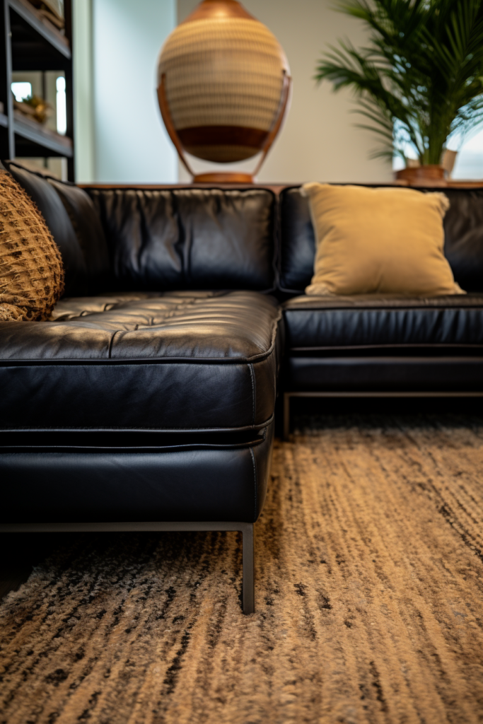 A cozy black leather couch sectional in a living room.
