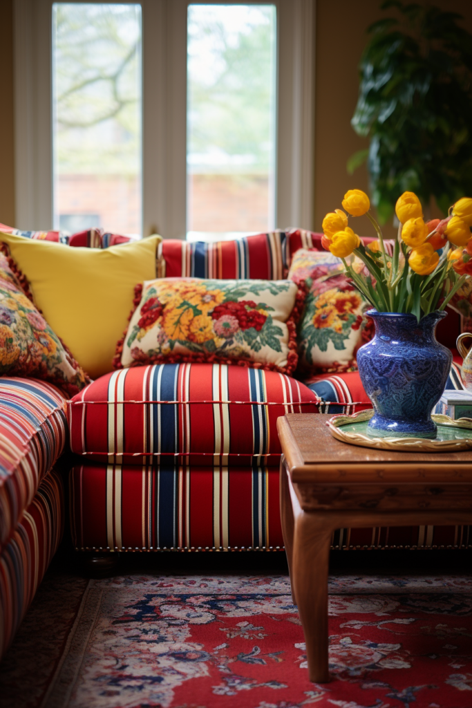 A cozy living room with a colorful couch.