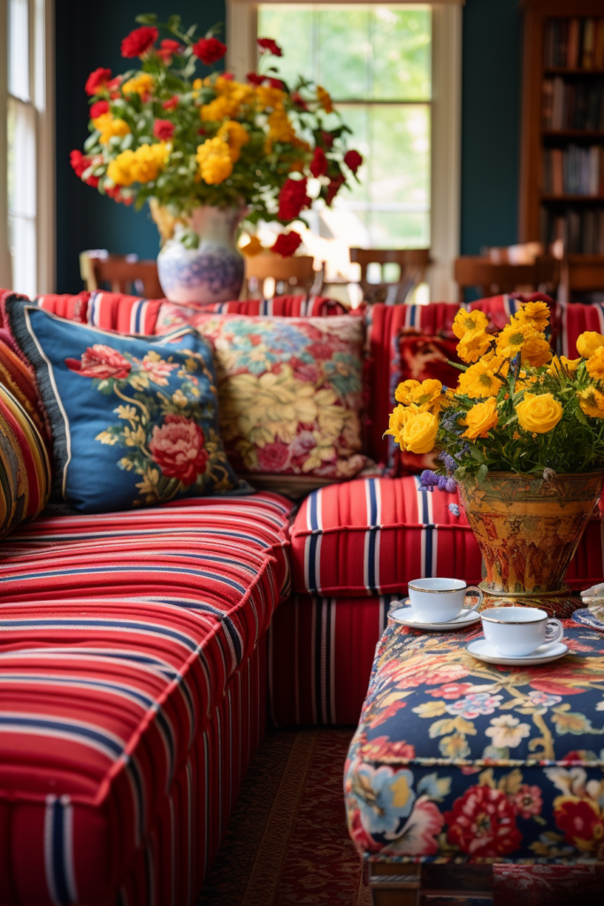 Cozy living room designing with a striped couch and flowers.