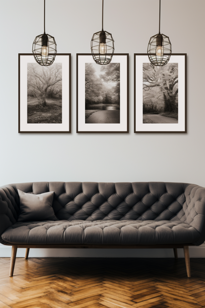 Three black and white photographs adding a touch of elegance to a cozy living room.