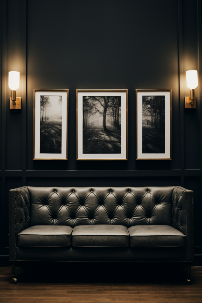 A cozy living room with a black leather couch and three framed pictures.
