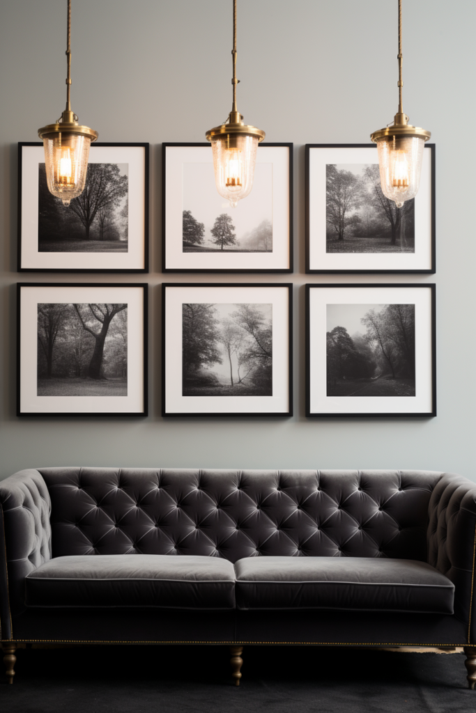 Black and white framed photographs hanging on a cozy living room wall.