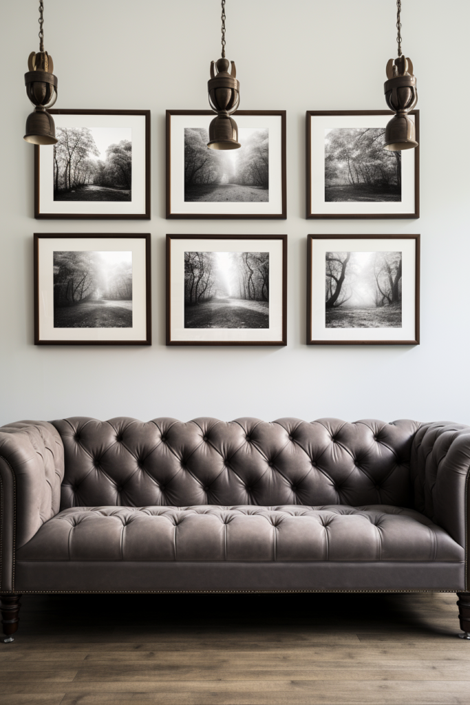 A cozy living room with a gray couch and framed pictures hanging above it.