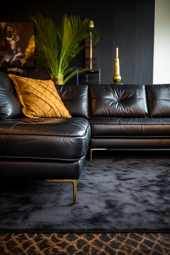 Designing a cozy living room with a black leather sectional sofa.