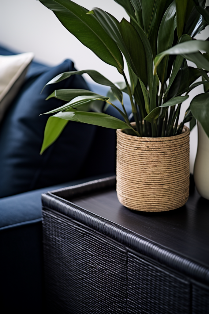 A potted plant on a blue couch in a cozy living room.