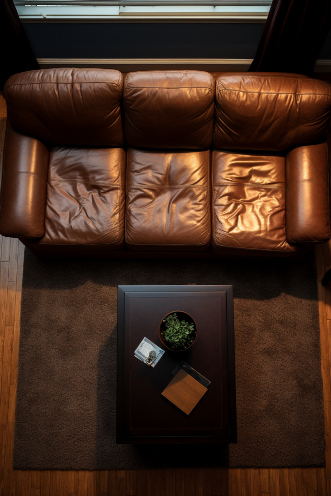 In a cozy living room, there is a brown leather couch situated near a window, creating a warm and inviting atmosphere.