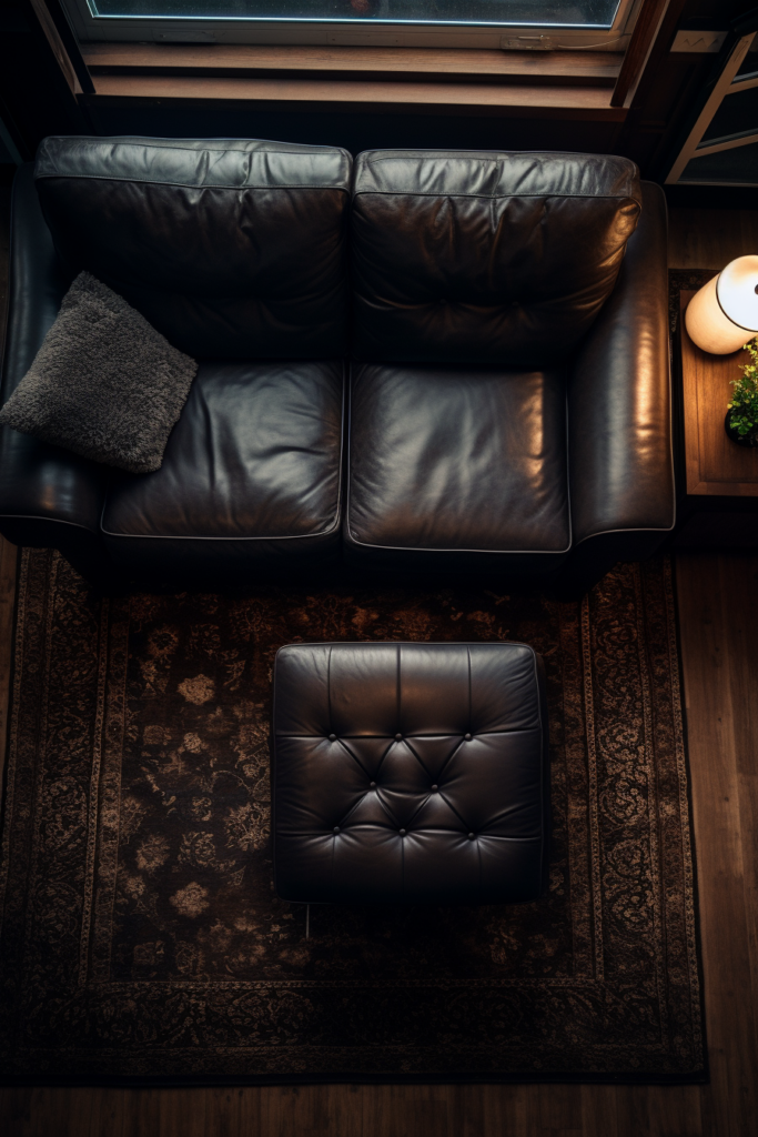 Designing a cozy living room with a black leather couch and ottoman situated near a window.