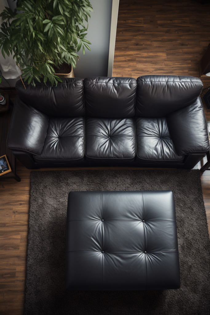A cozy black couch and a black ottoman, perfect for designing a comfortable living room.