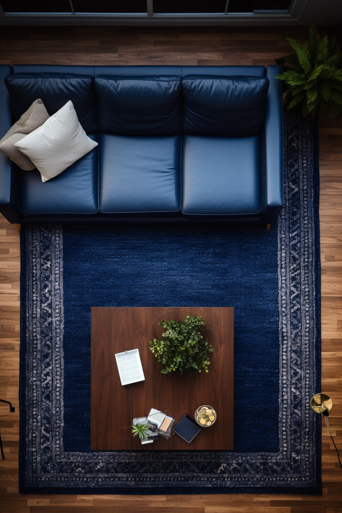 A cozy living room with a blue couch and a blue rug.