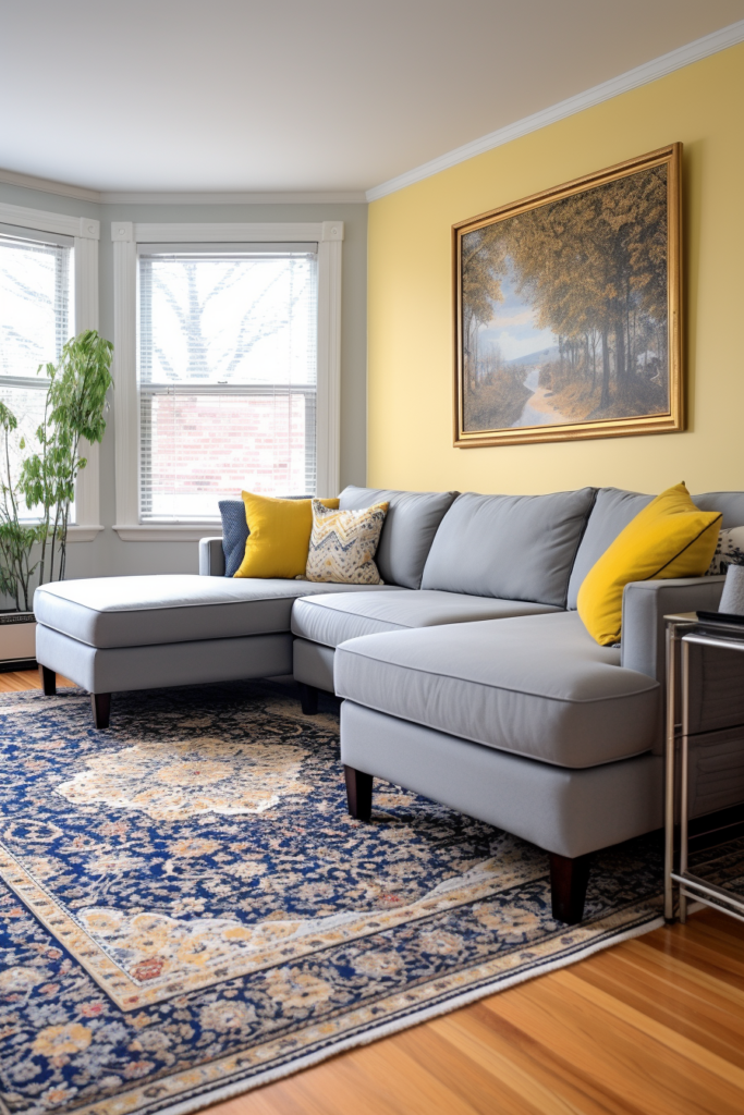 A cozy living room with yellow walls and a grey couch.