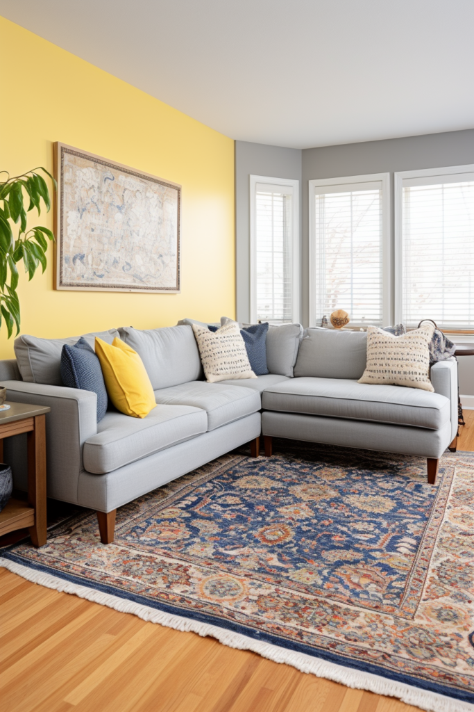 A cozy living room with yellow walls and a blue rug.