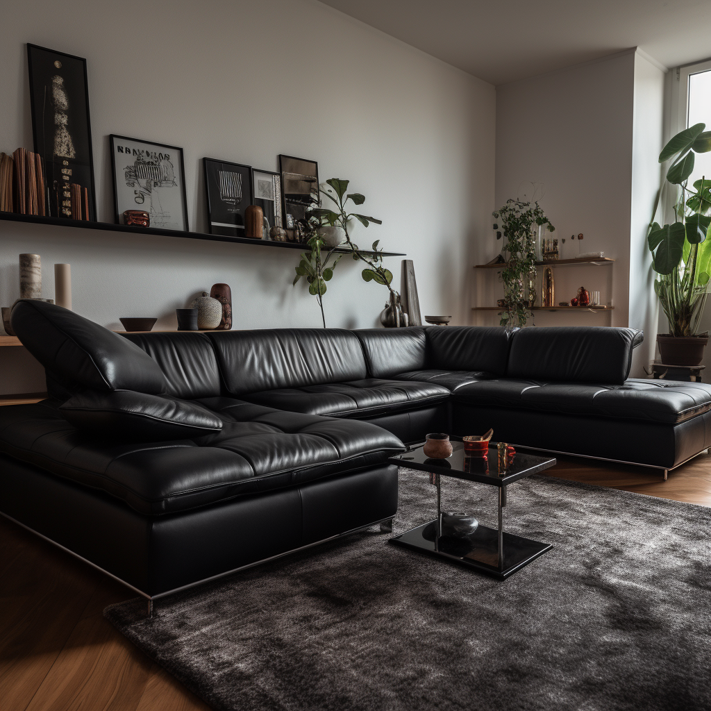 A cozy living room featuring a black leather couch.