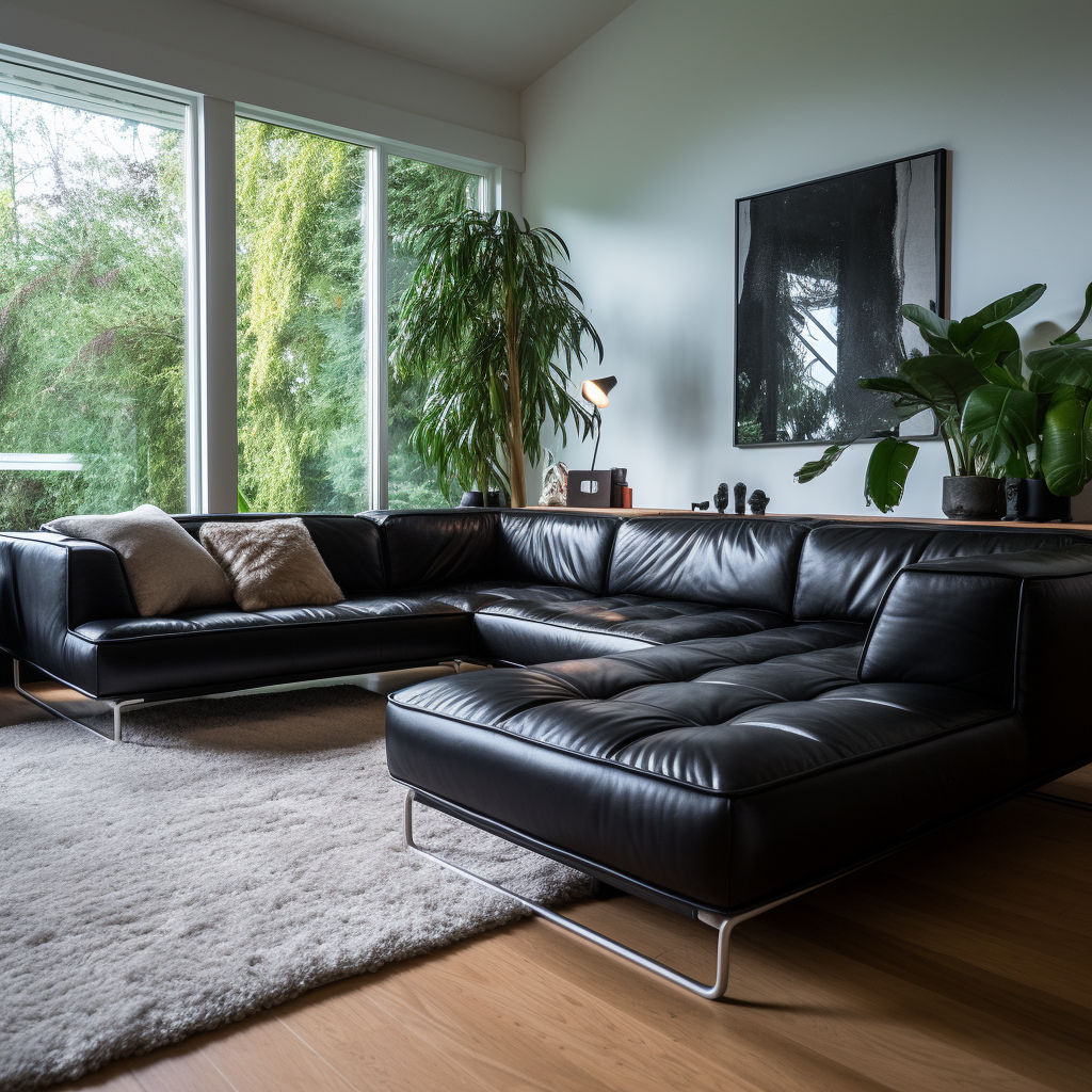A cozy black leather couch in a designing living room.