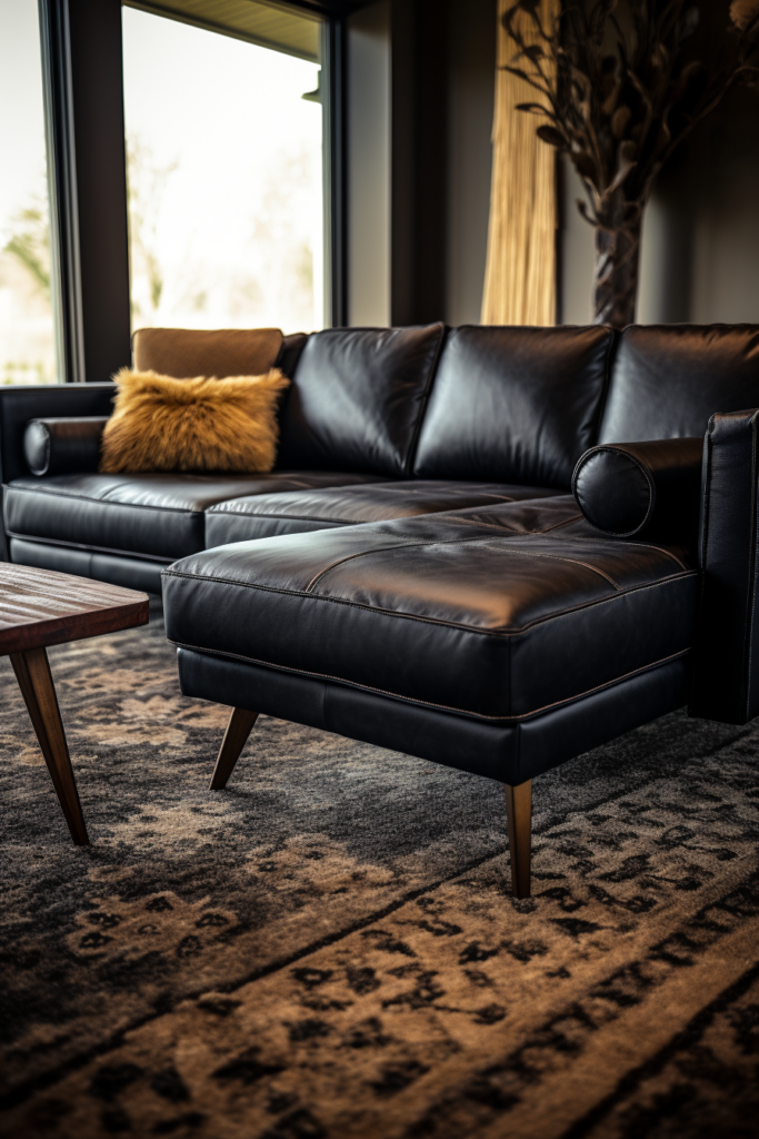 A cozy living room with a black leather sectional.