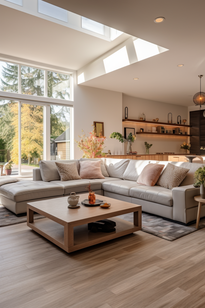 A cozy living room with hardwood floors and skylights, perfect for designing a comfortable space.