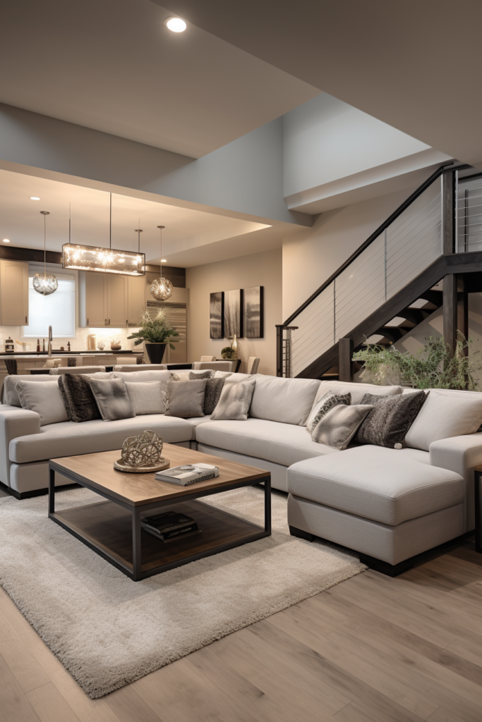 A cozy living room with a large sectional sofa and coffee table, designed for comfort and style.