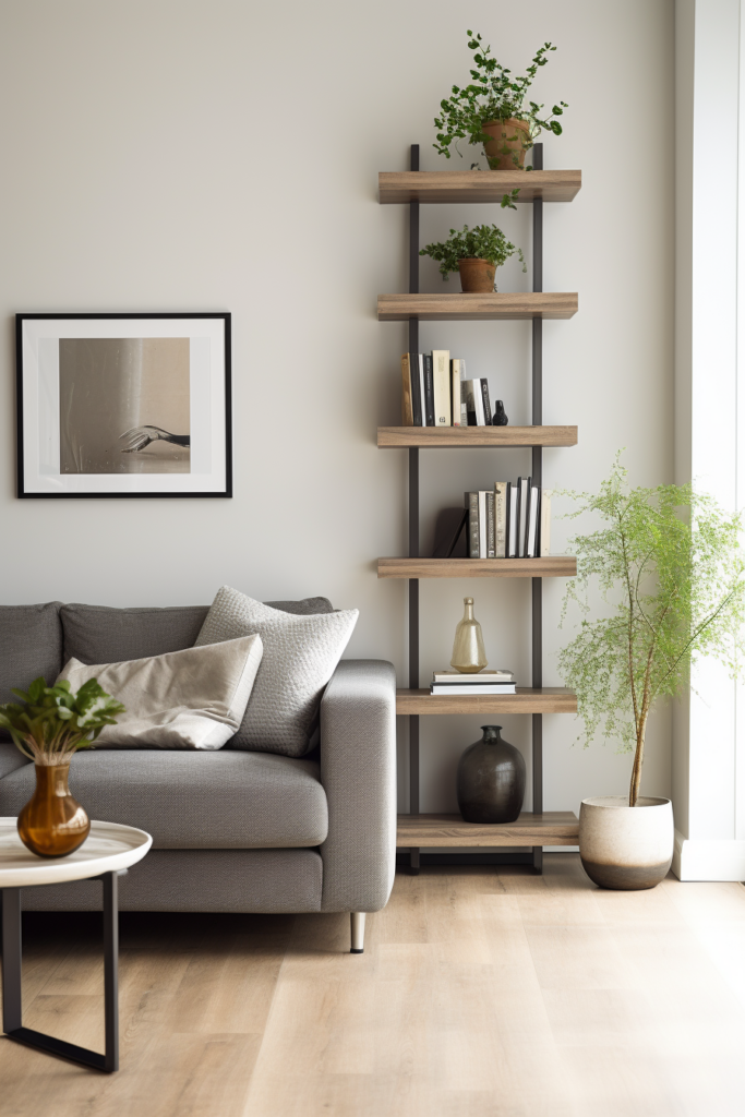 A cozy living room with a grey sectional couch and bookshelves, perfect for designing.