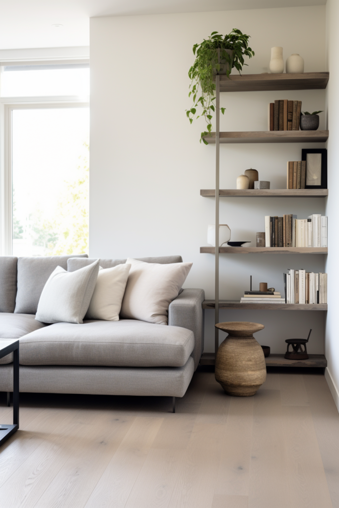 A cozy living room with a grey couch and bookshelves, perfect for designing.