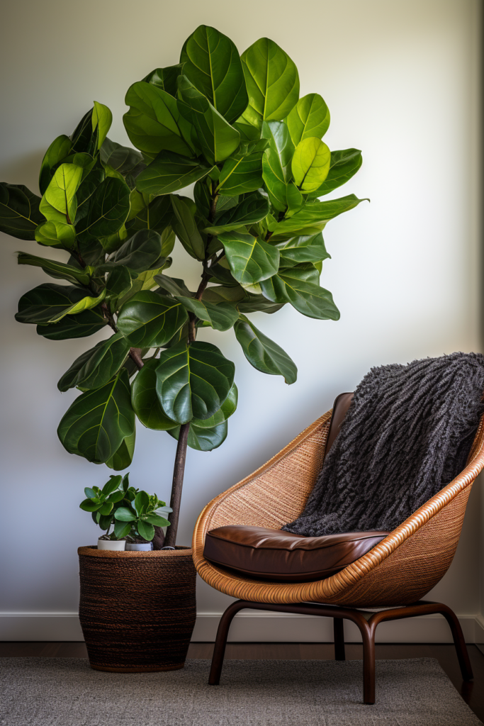 A modern minimalist chair effortlessly positioned next to a large potted plant, creating a streamlined aesthetic for your living room.