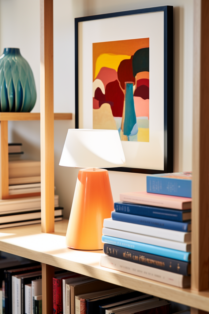 A minimalist lamp on a modern shelf in the living room.