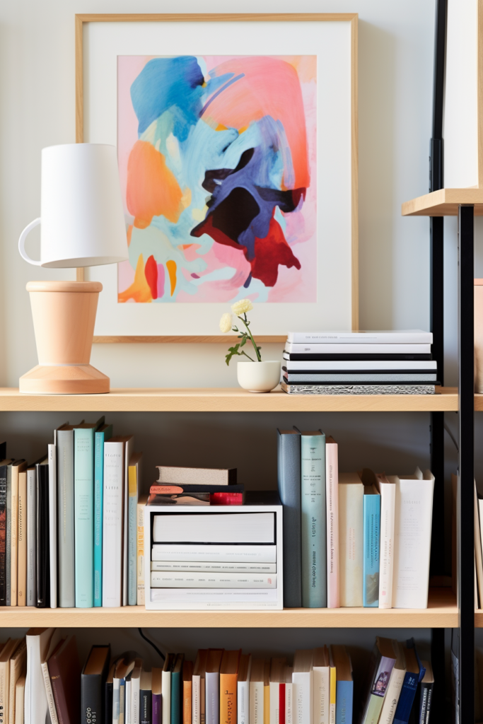 A modern bookshelf adorned with a colorful painting in a minimalist living room.