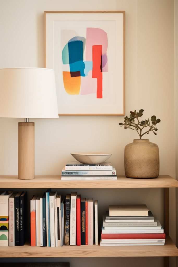 A minimalist and modern living room featuring a shelf adorned with books, a lamp, and a painting.