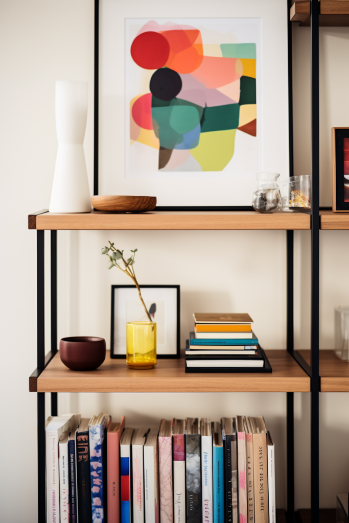 A streamlined shelf with minimalist books, a vase, and an elegant painting.