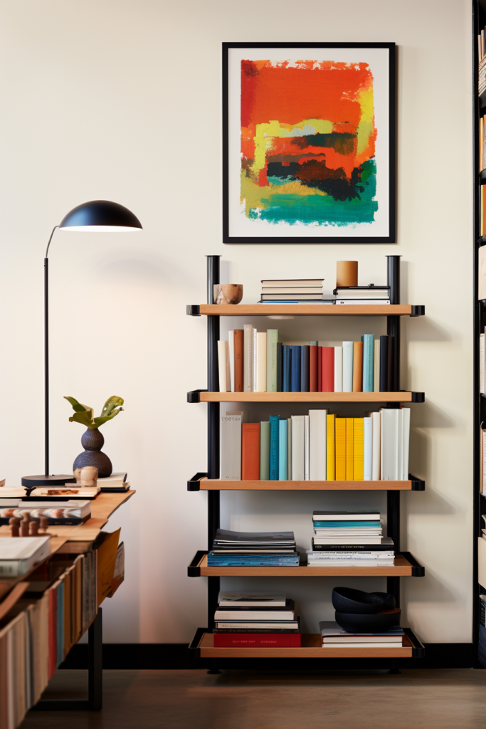A modern minimalist bookshelf in a living room.