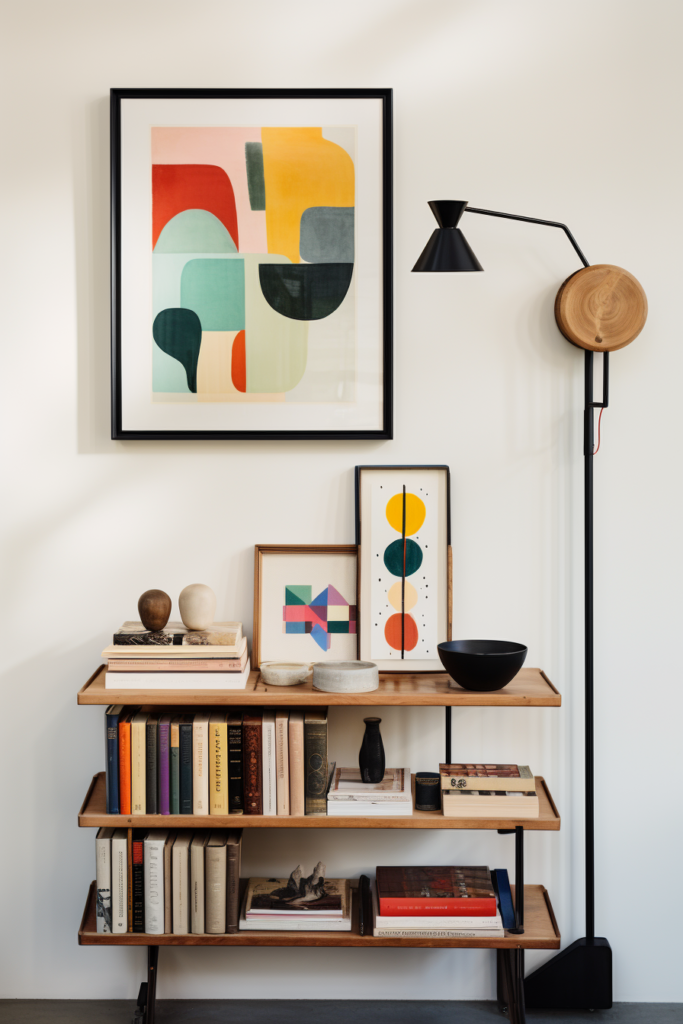 A streamlined shelf adorned with modern minimalist living room ideas, showcasing a collection of books, a sleek lamp, and an elegant framed piece of art.