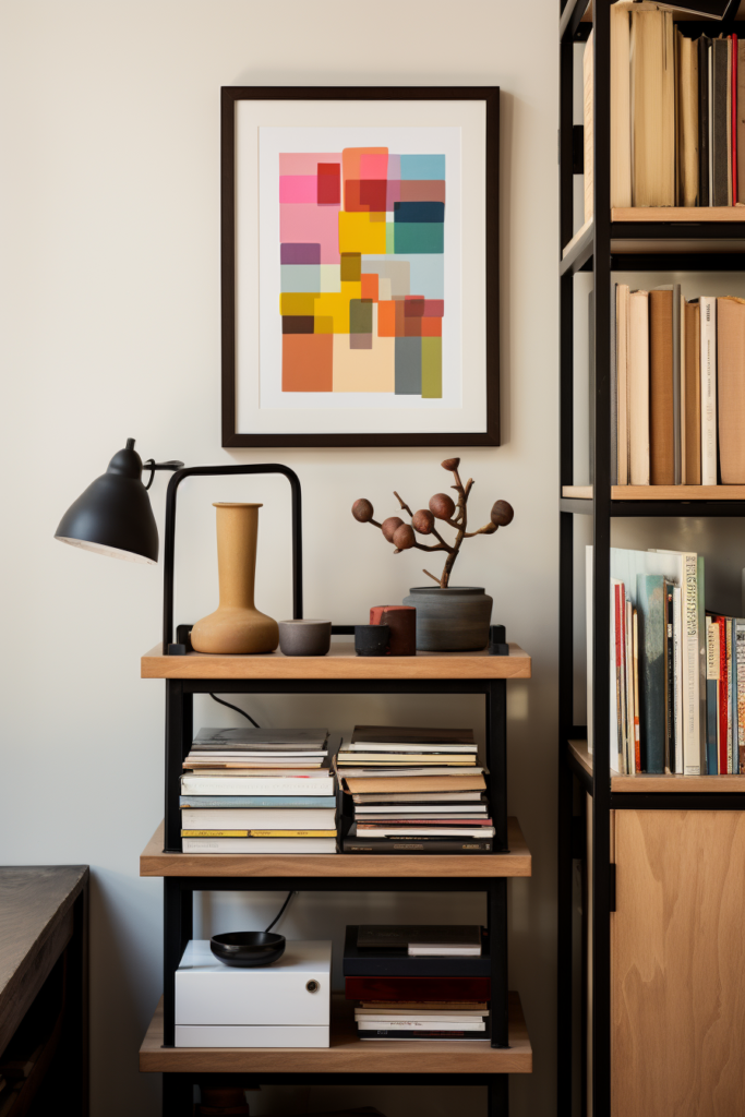 A modern living room with a minimalist shelf adorned with books, a lamp, and a colorful framed print.