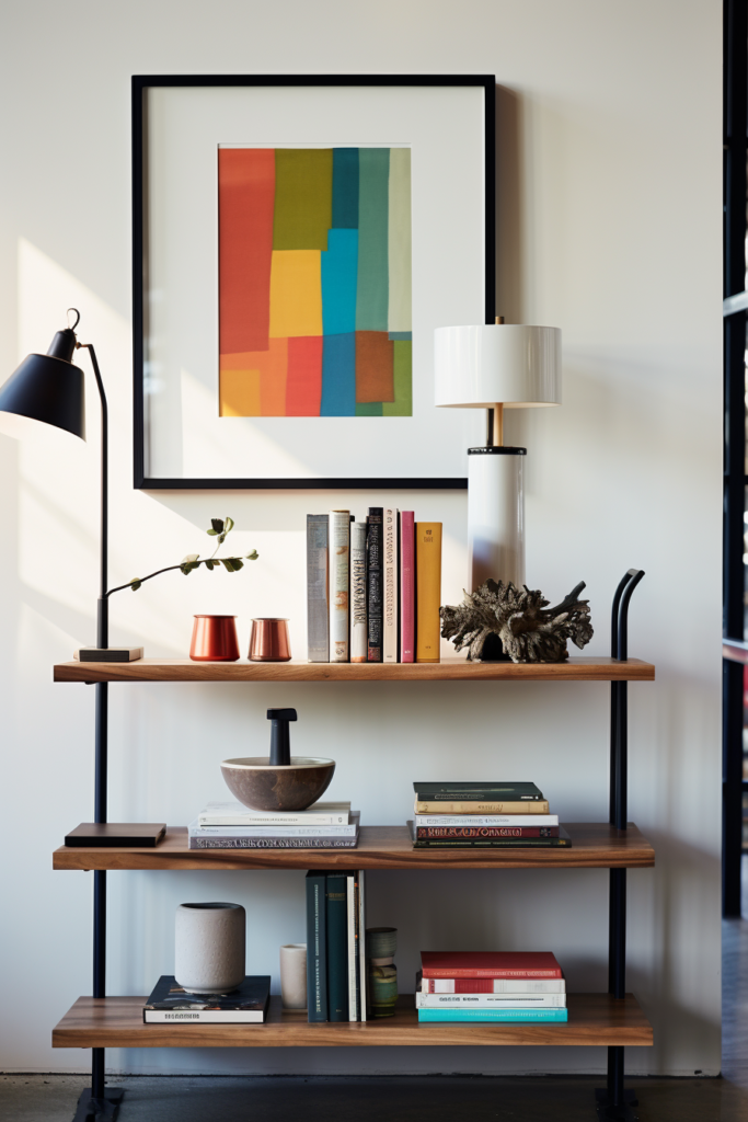 An elegant and modern minimalist living room with a clean shelf displaying books, complemented by a lamp and an exquisite painting.